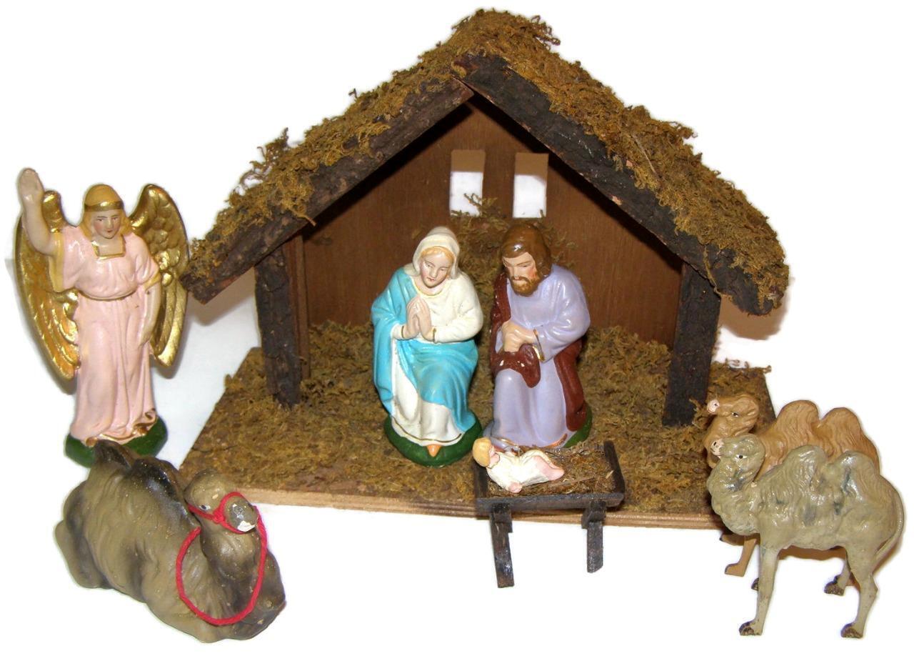 Antique Pre WWII Papier Mache Christmas Nativity Germany w Creche & Putz Animals