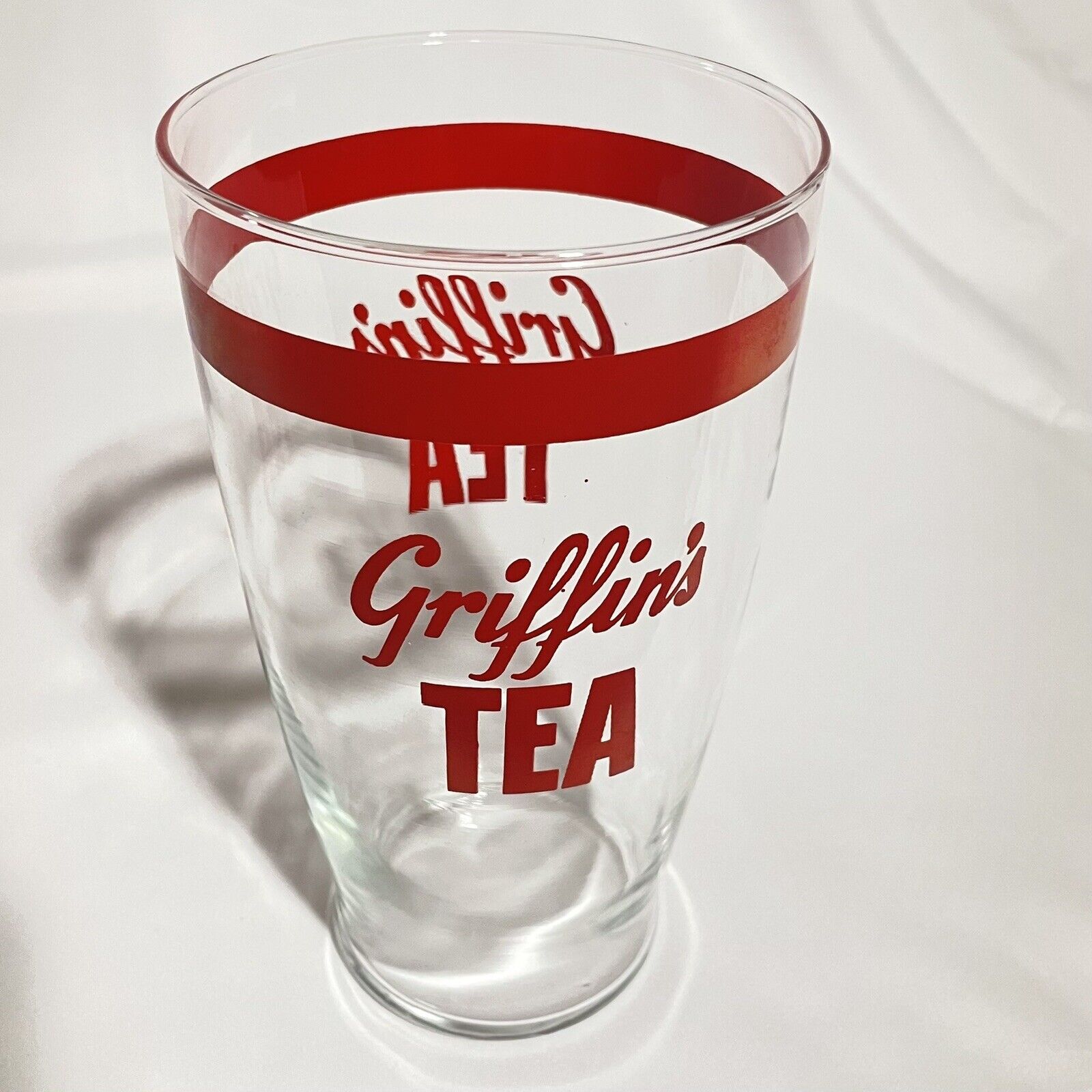 Vintage 1950's Griffin's Tea Tall Glass Tumbler Clear w/Red Lettering