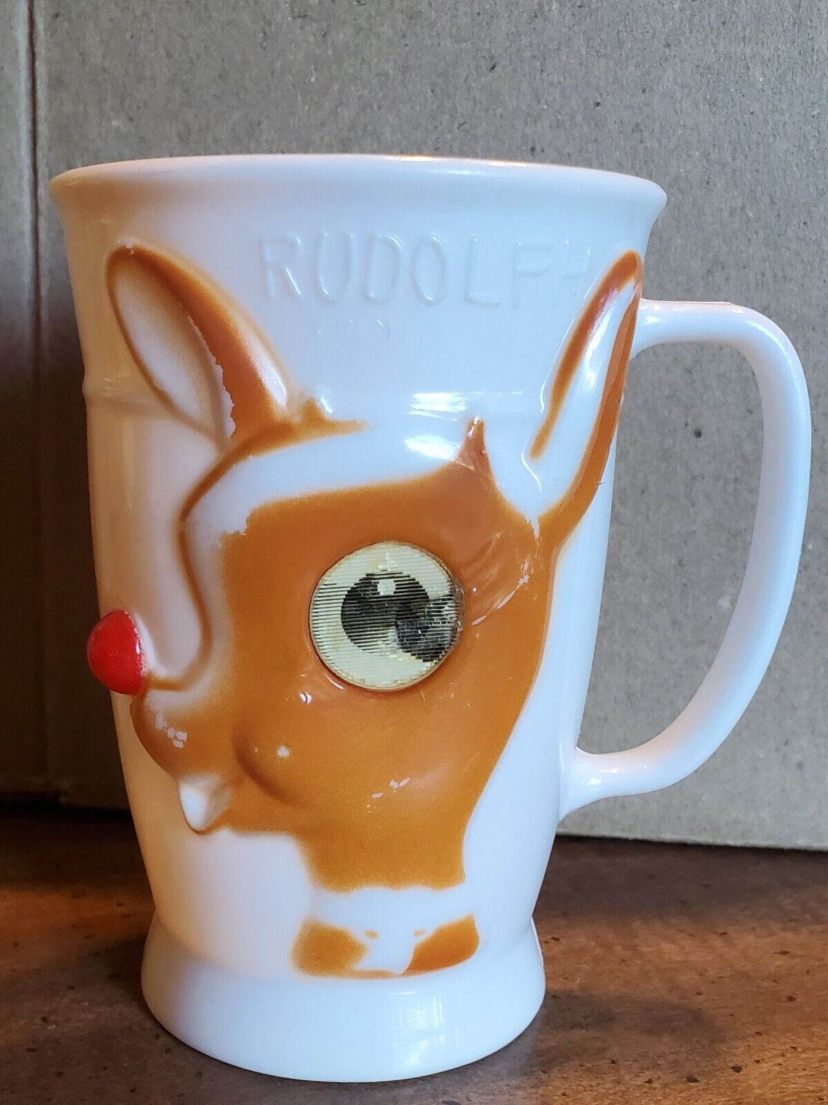 Vintage Rudolph Reindeer 1950s Kids Baby Cup With Holographic Blinking Eye