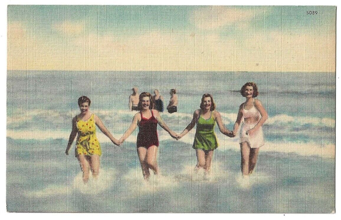 Bathing Beauties c1940's women in surf, beach scene