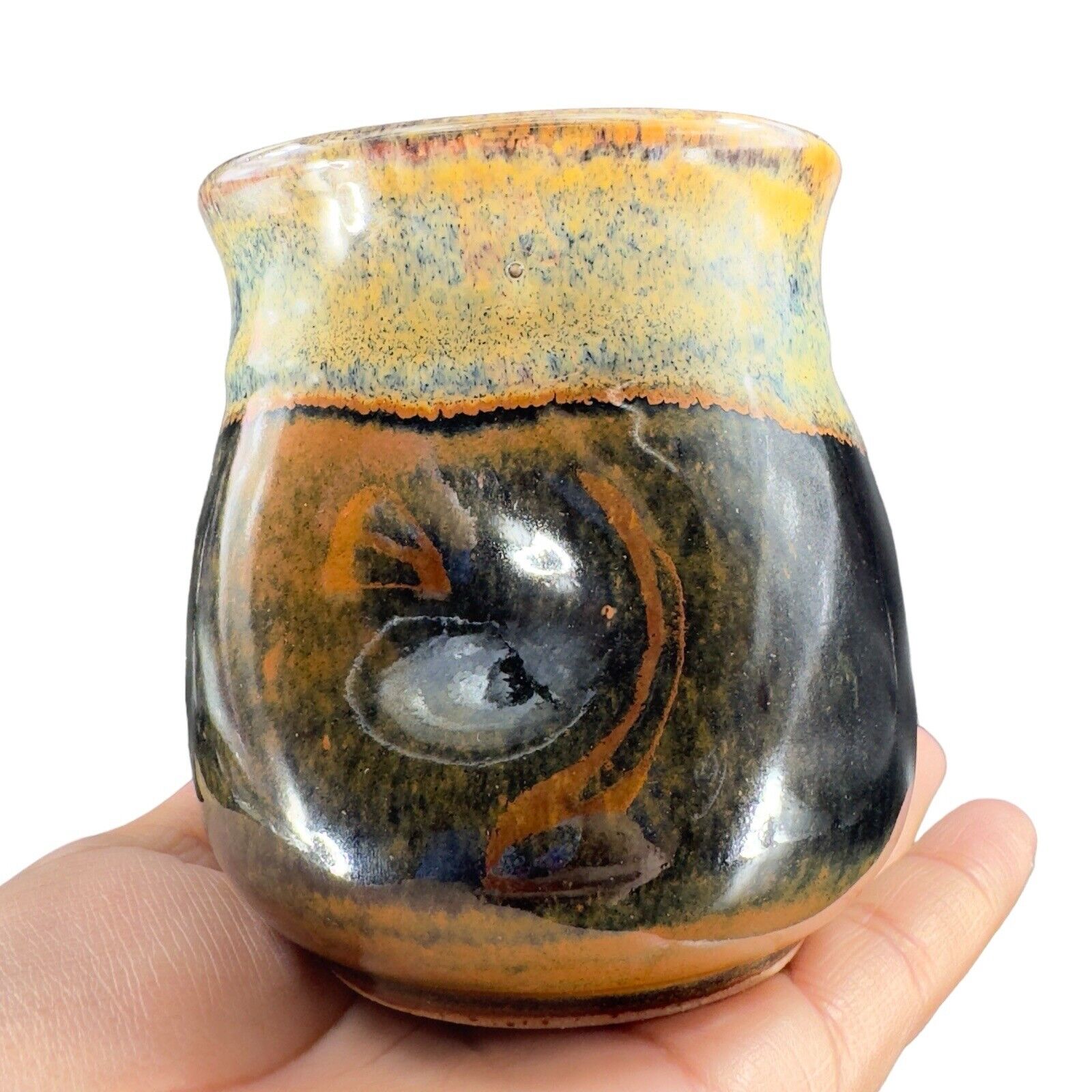 2011 J Luiz Pottery Coffee Mug Handless Mug Drip Glaze Pinched Ceramic Cup Mug