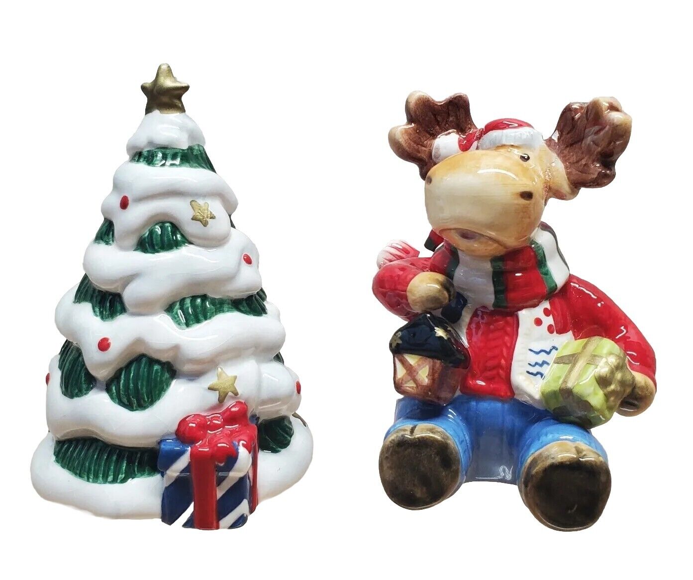 Merry Jingle Moose Tree Salt and Pepper Shakers Fitz and Floyd Christmas 