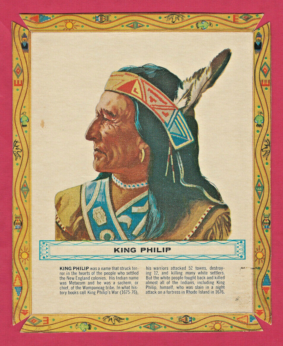 c1960 KELLOGG'S SUGAR POPS Box Back FAMOUS INDIAN CHIEFS DRAWINGS - KING PHILIP