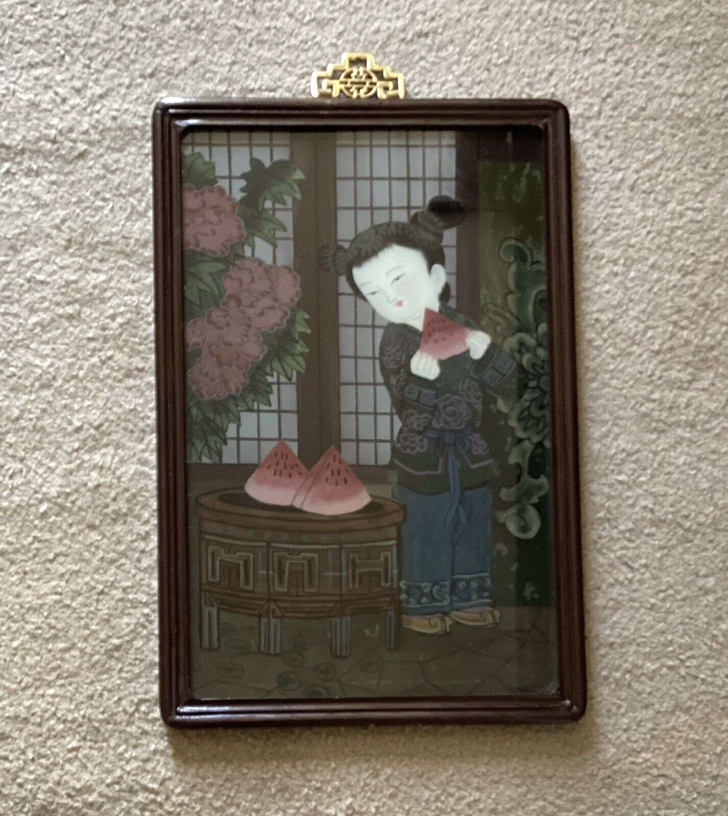VTG/Antique R.O.C. Chinese Reverse Glass Painting, Girl Eating Watermelon
