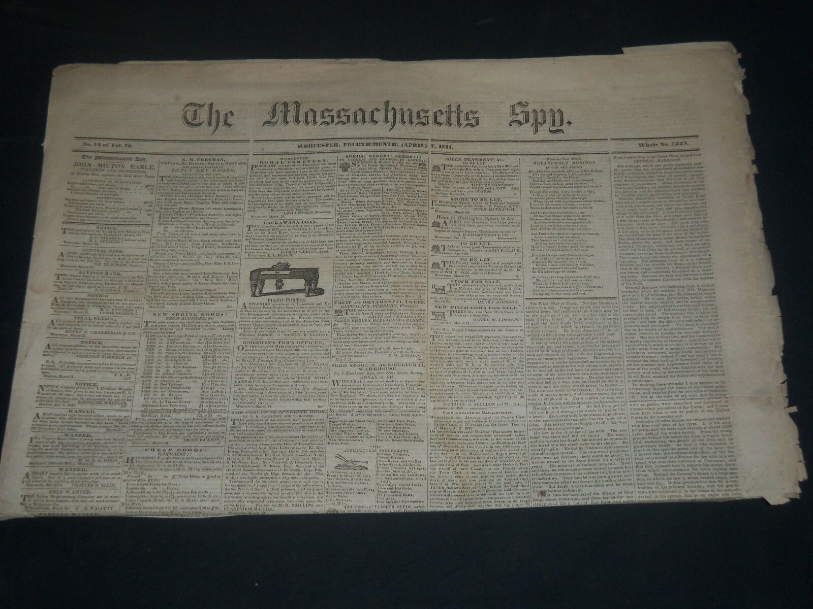 1841 APRIL 7 MASSACHUSETTS SPY NEWSPAPER - GENERAL HARRISON DEAD - NP 3968
