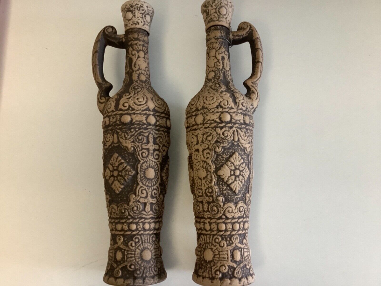 Persian Middle Eastern  Antique Style Pottery Bottle Vase Primitive Painted Pair