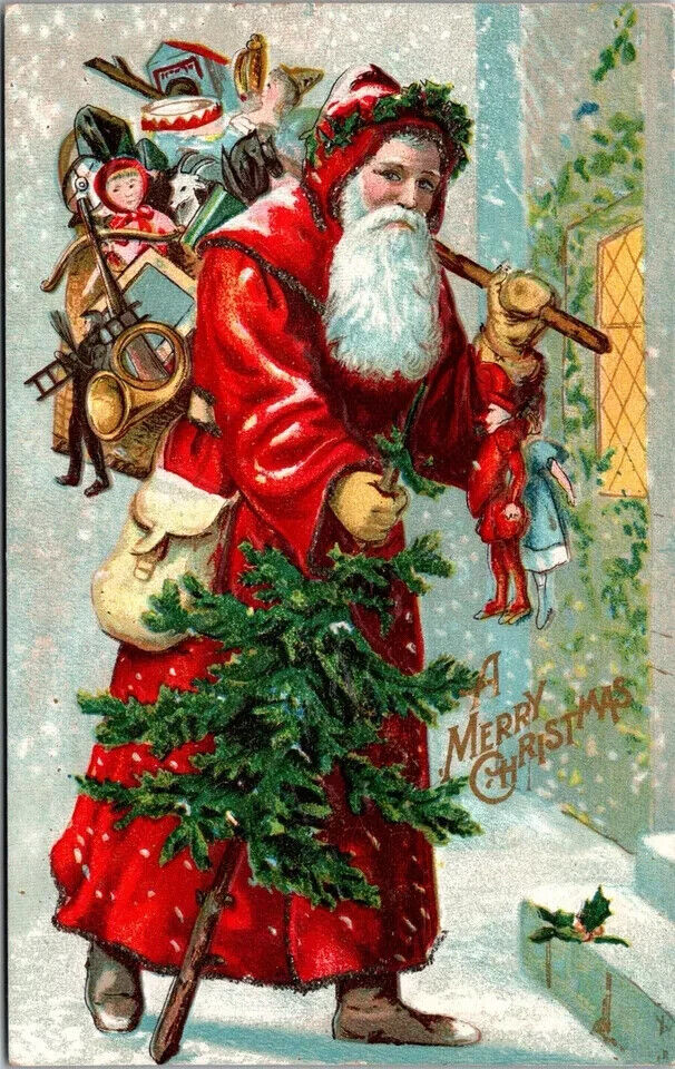 Long Red Robe Santa Claus with Tree~Toys~Antique Christmas Postcard~k481