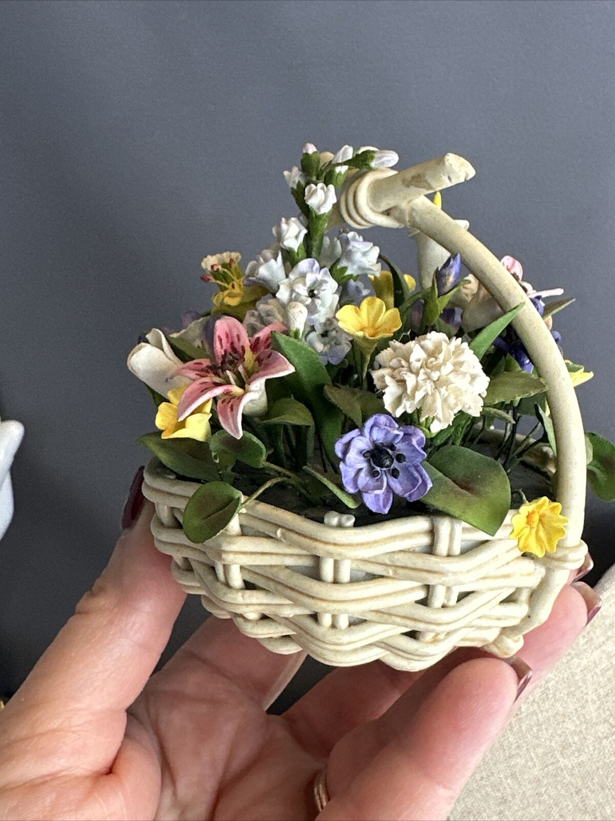 Vintage Ceramic Basket Hand Made With Paper Flowers