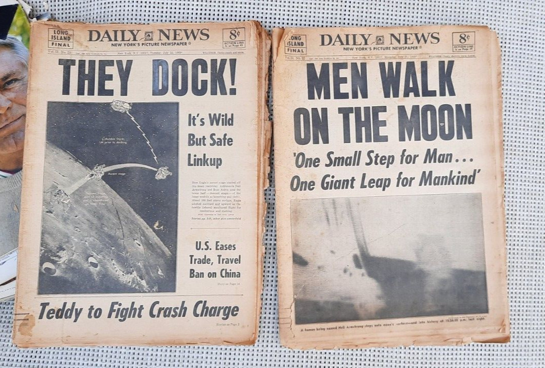 2 NY Daily News newspapers 1969 gay straight porn ads fashion moon Keir Dullea