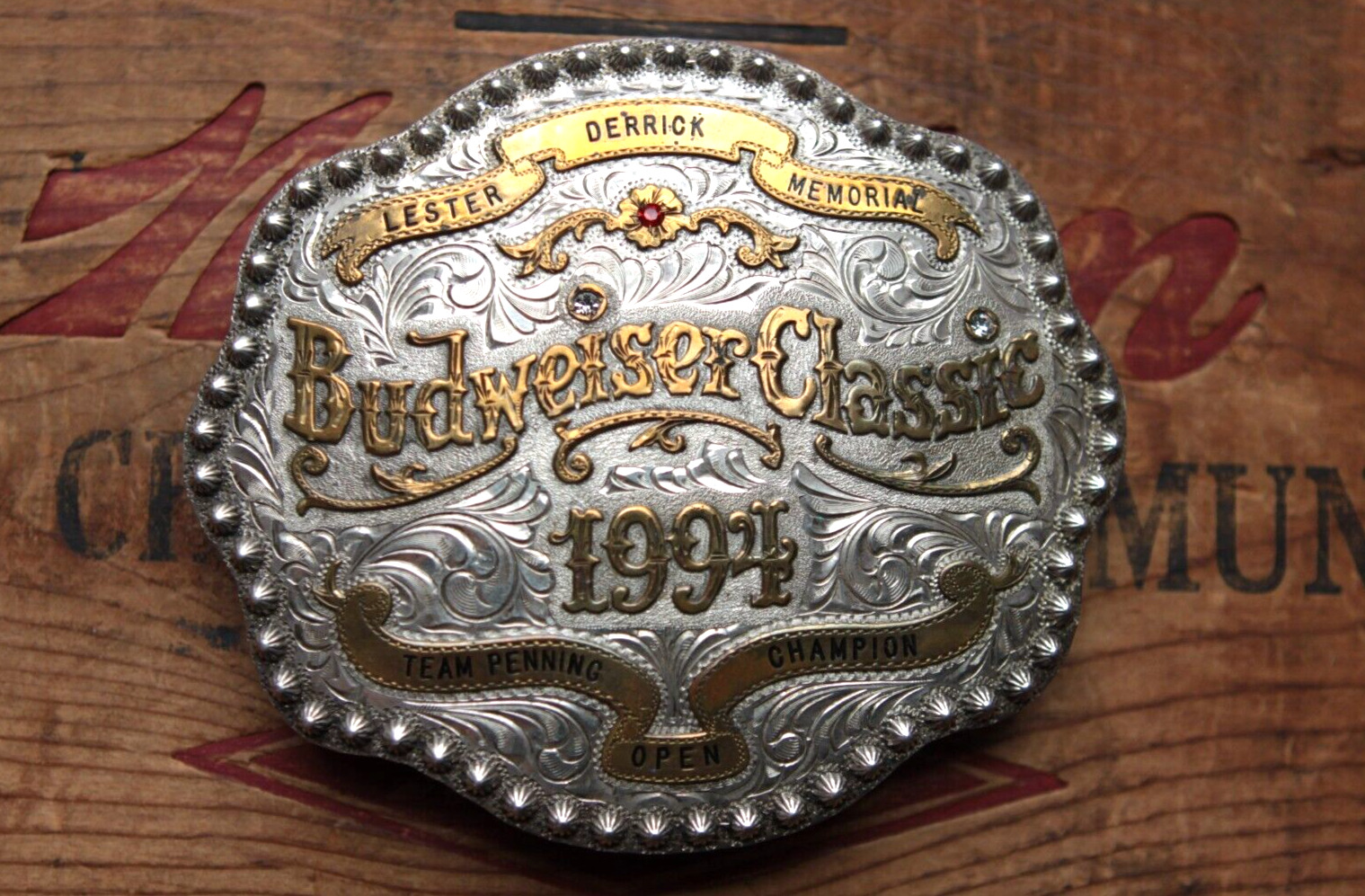 Vtg Kathy\'s Sterling Overlay Budweiser Classic Cowboy Cowgirl Trophy Belt Buckle