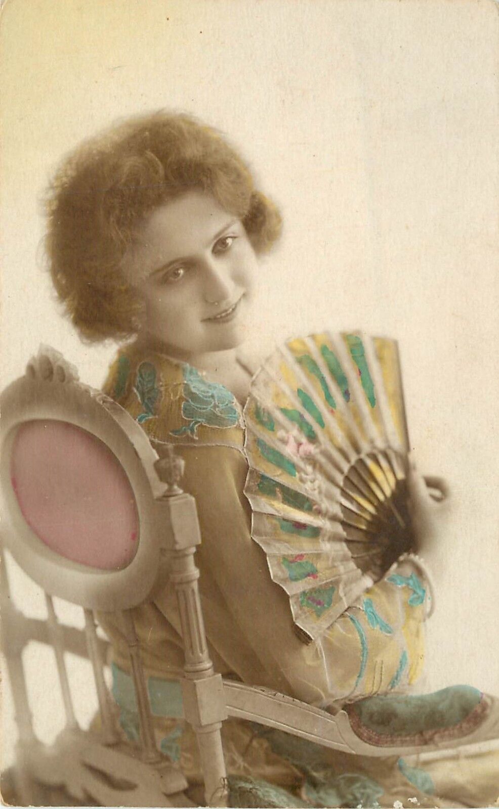 c1920s Hand-Colored French RPPC Postcard Seated Woman w/ Fan & Flirty Gaze