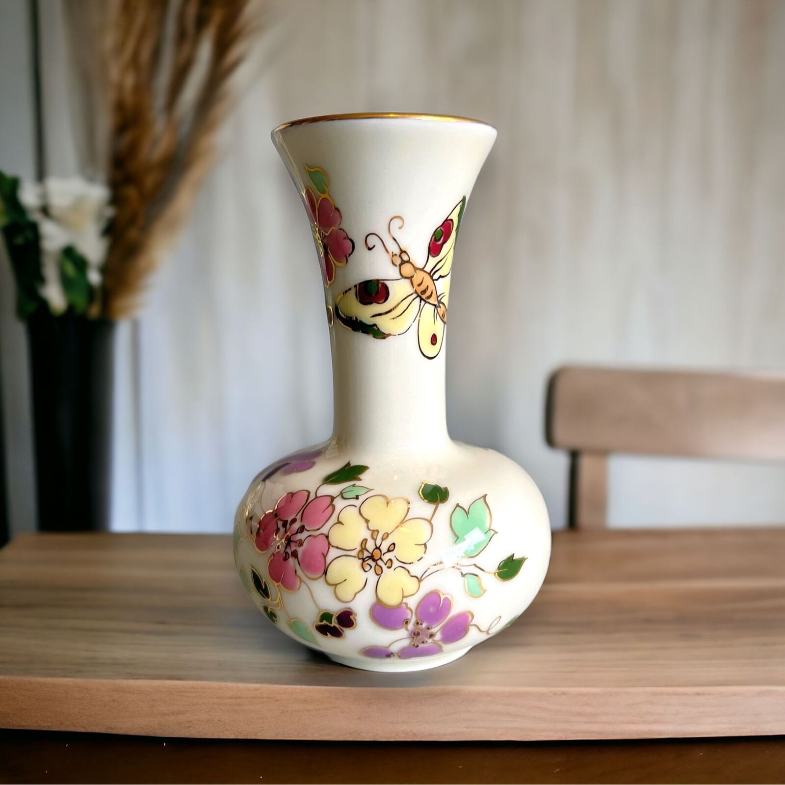 Vintage Zsolnay Hungary Hand Painted Flowers Butterfly Gold Porcelain Vase