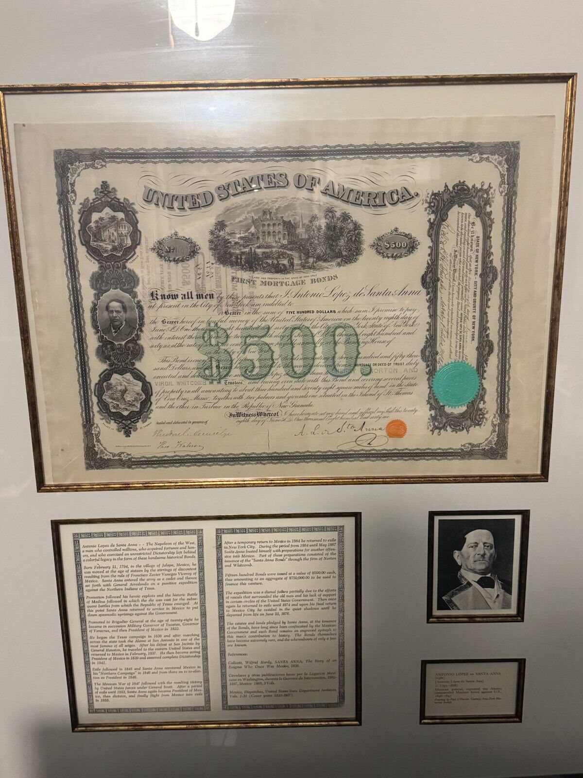 Signed General Santa Anna 1866 $500 Mortgage Bond  Framed W/ Photo And History