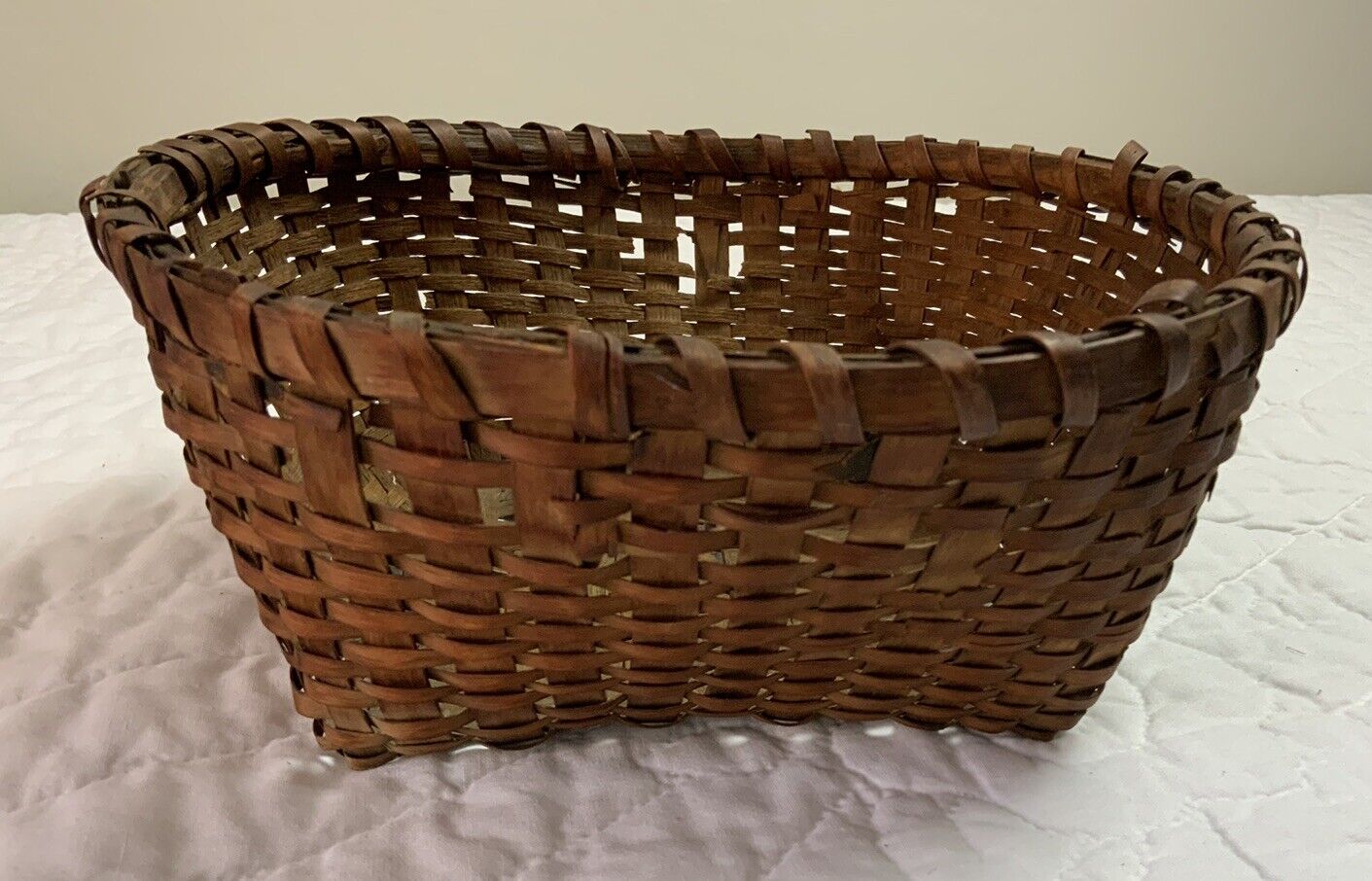 Vintage Antique 9 1/2” Basket, Brown, Hand Woven, Split Oak, As Is