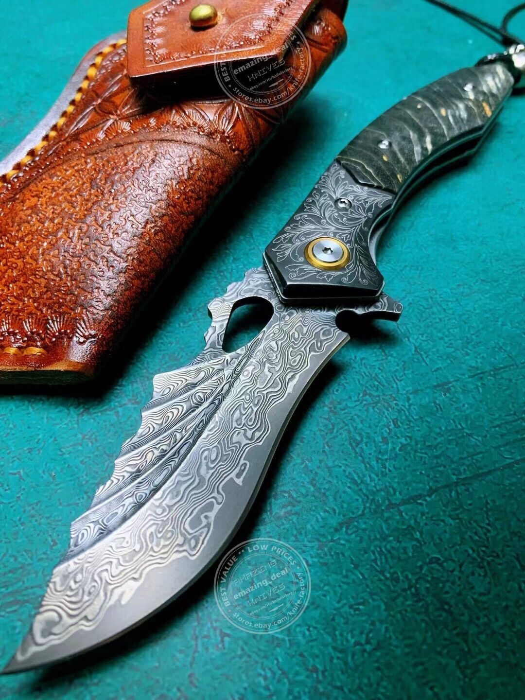 VG10 DAMASCUS HUNTING KNIFE SURVIVAL RESCUE FOLDING POCKET KNIFE WOOD W/ SHEATH