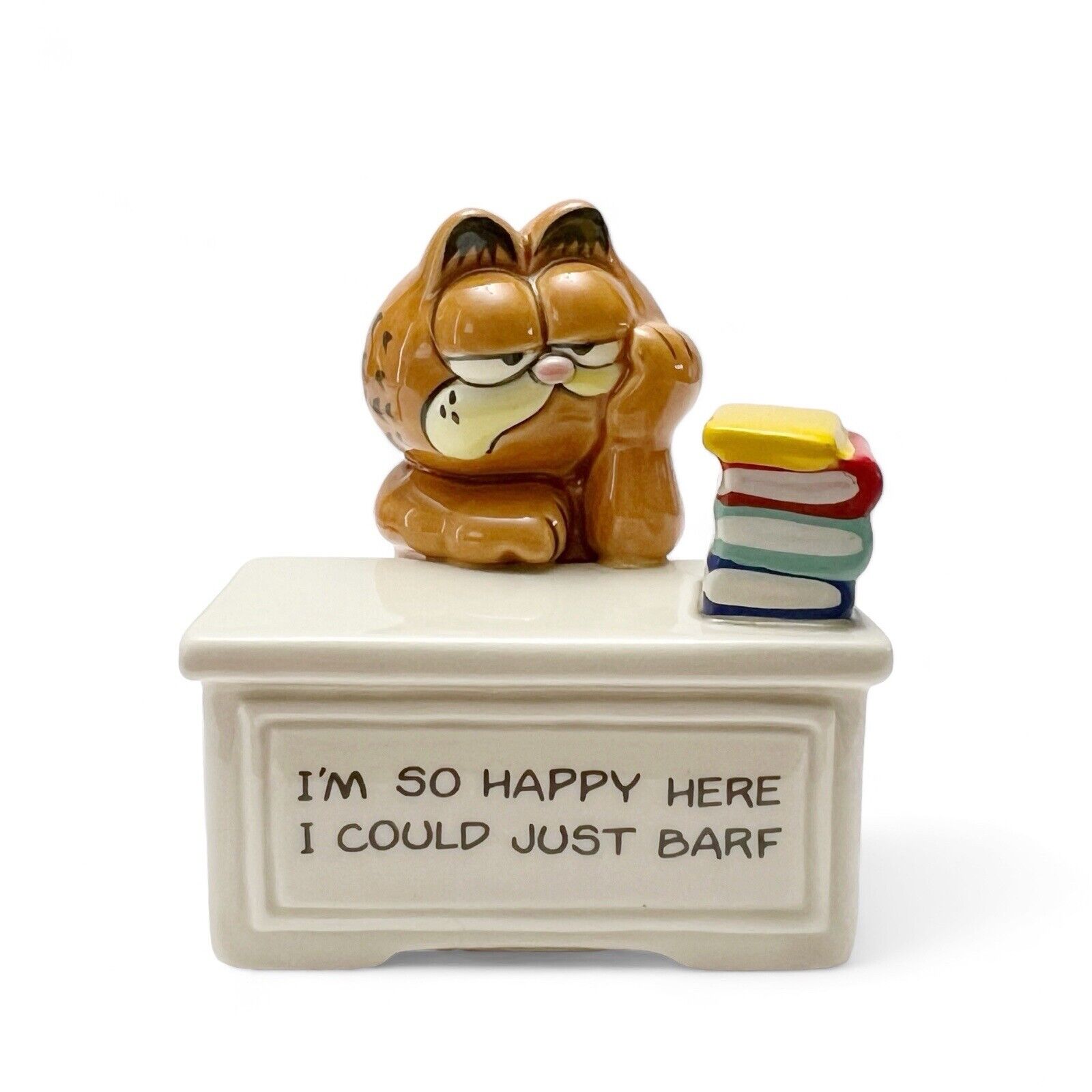 Vintage Enesco Garfield Figurine Ceramic “I’m So Happy Here I Could Just Barf”