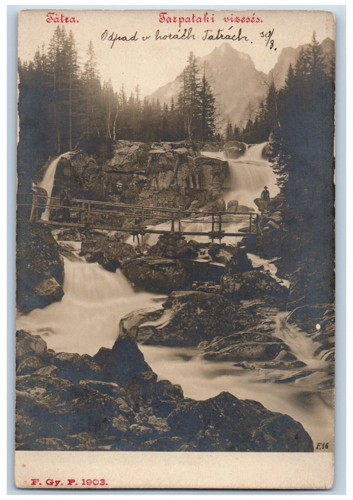 Slovakia Postcard Bridge Scene Tatra Tarpataki Waterfall c1905 RPPC Photo