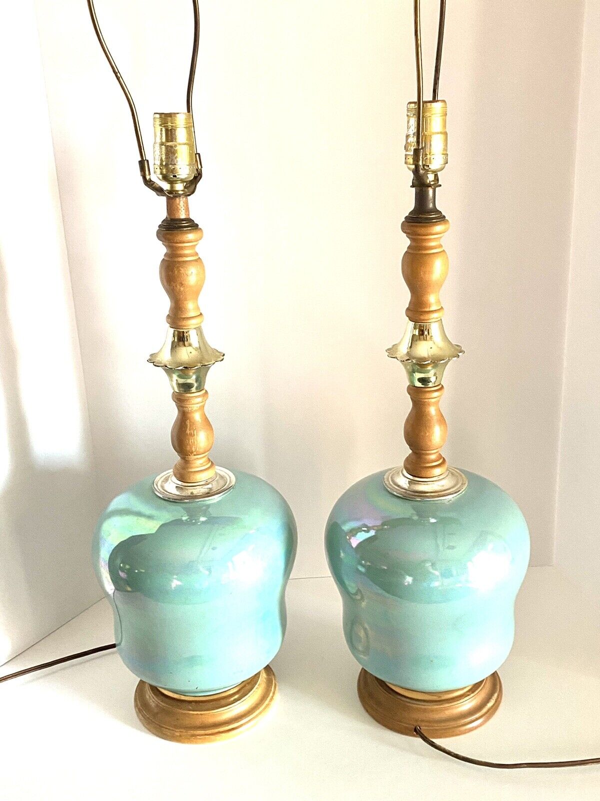 Mid Century Modern Turquoise Glazed Ceramic Table Lamps - No Shades Tested READ