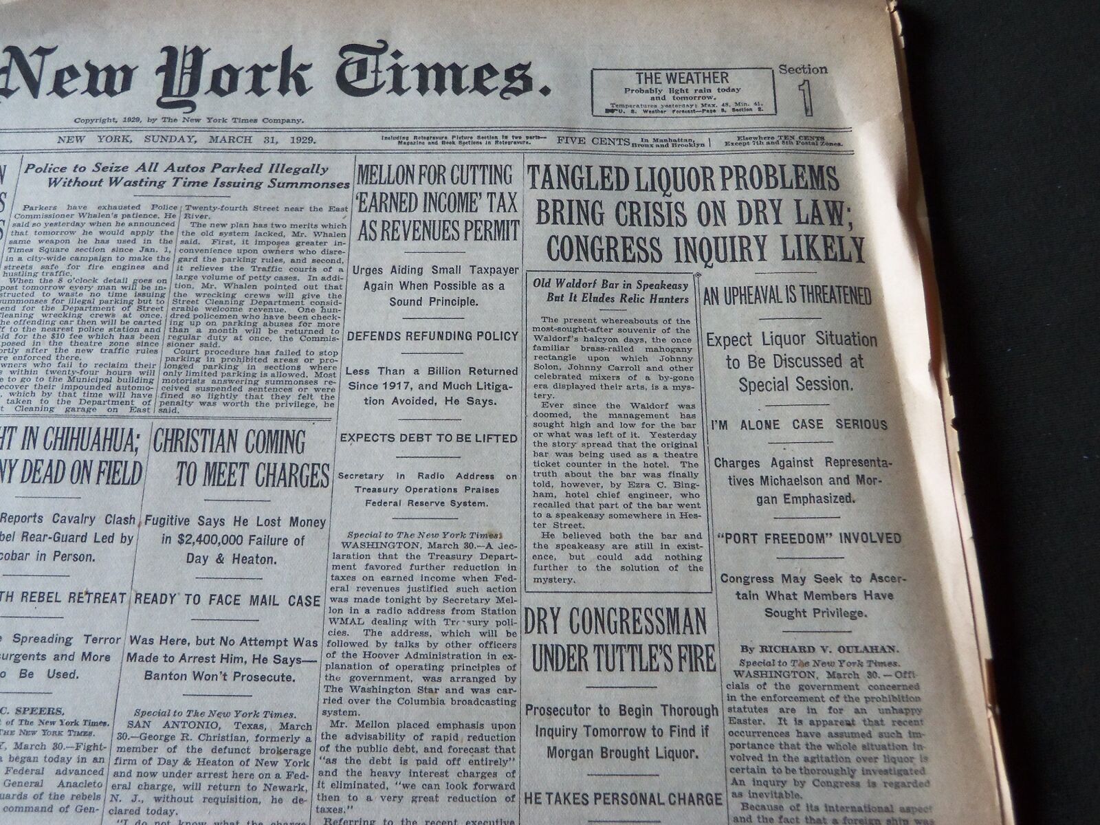 1929 MARCH 31 NEW YORK TIMES - TANGLED LIQUOR PROBLEMS BRING CRISIS - NT 7181