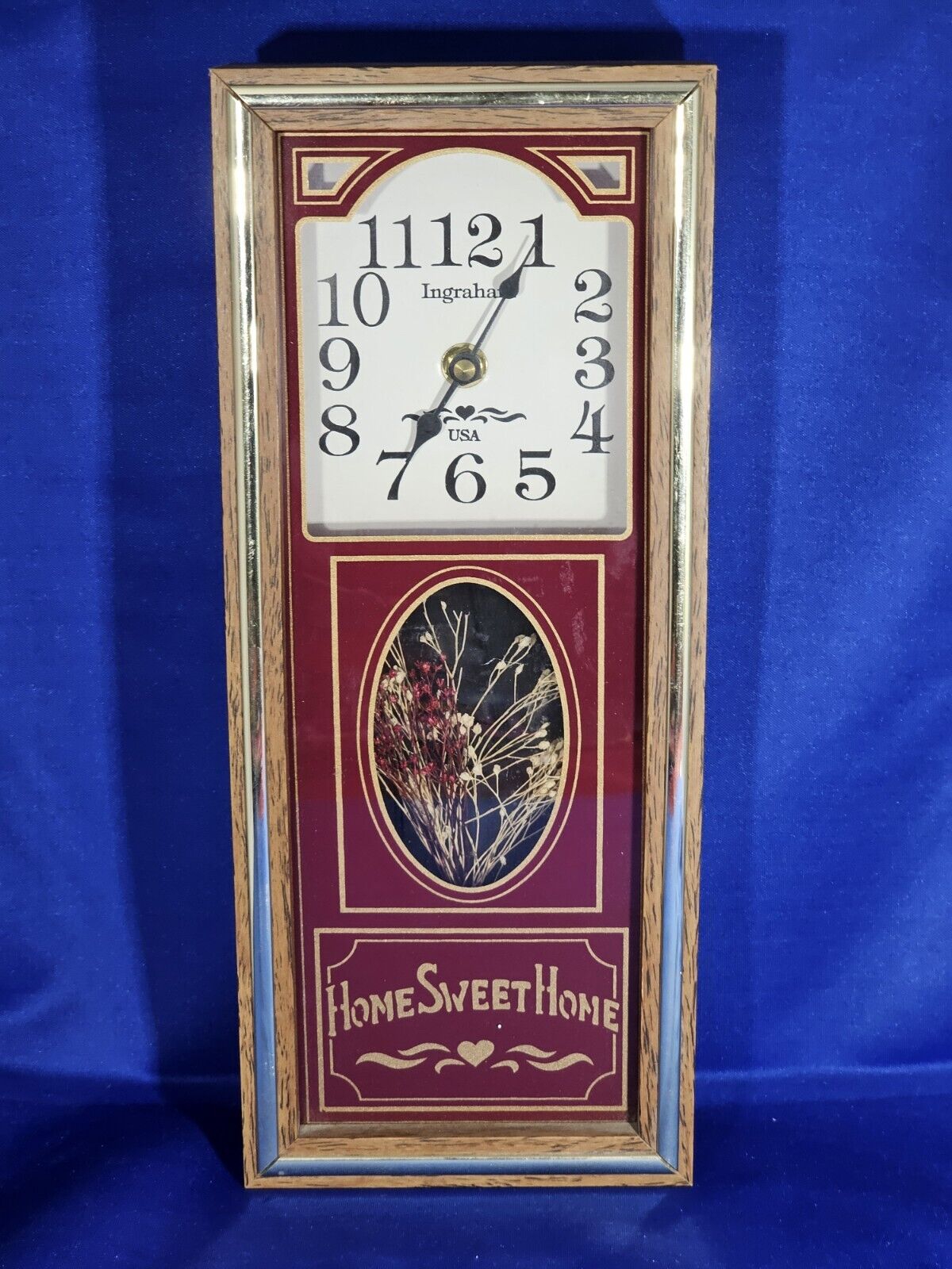 Vintage Ingraham Clock Home Sweet Home Roses /Gold 13\'\' by 5.5\'\' USA Quartz