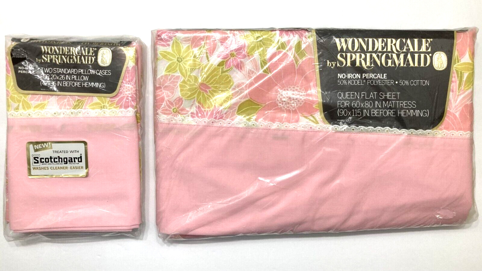 New Vintage Springmaid Wondercale Pink FRENCH FLOWERS Queen Flat Sheet & 2 Cases