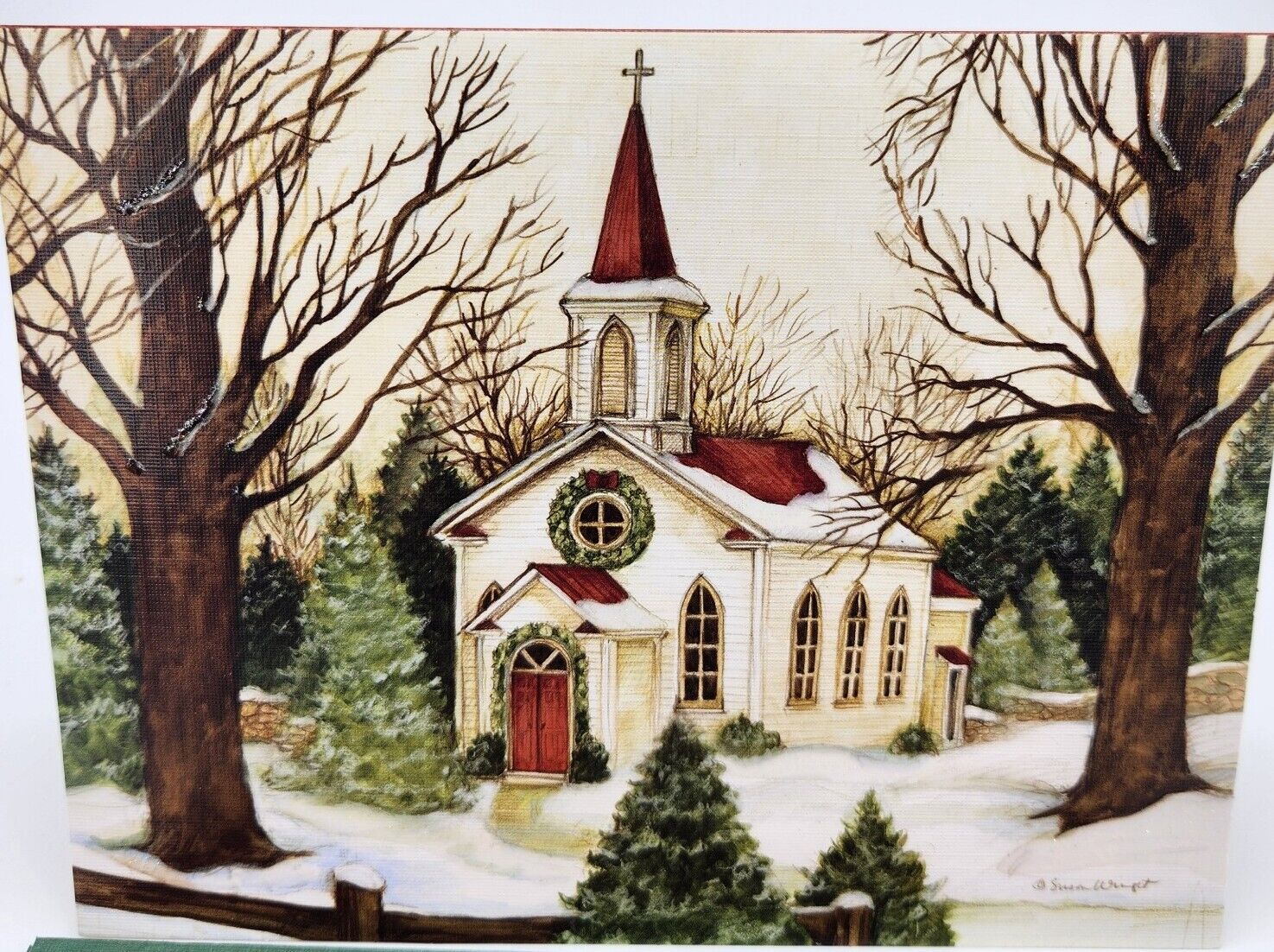 1 LANG Linen Glitter Christmas Card Envelope Stamp WOODLAND CHURCH Susan Winget