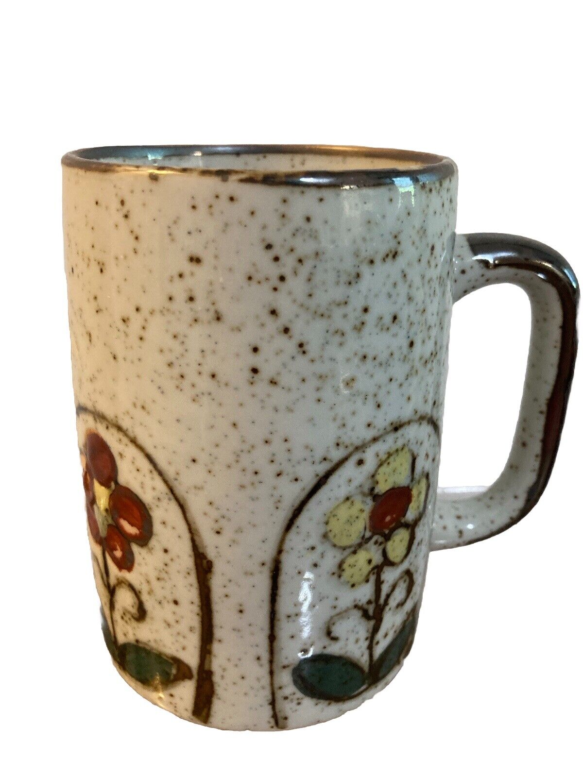 Vintage Otagiri Tall Speckled Stoneware Floral Flowers Mug Retro 5”