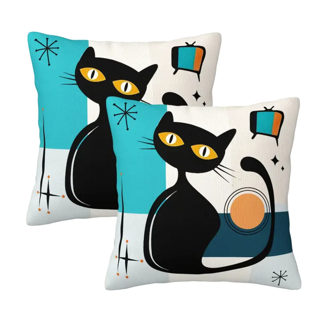 2pcs Mid-Century BLACK CAT Cartoon Decorative Pillows Covers -Ships from Tulsa