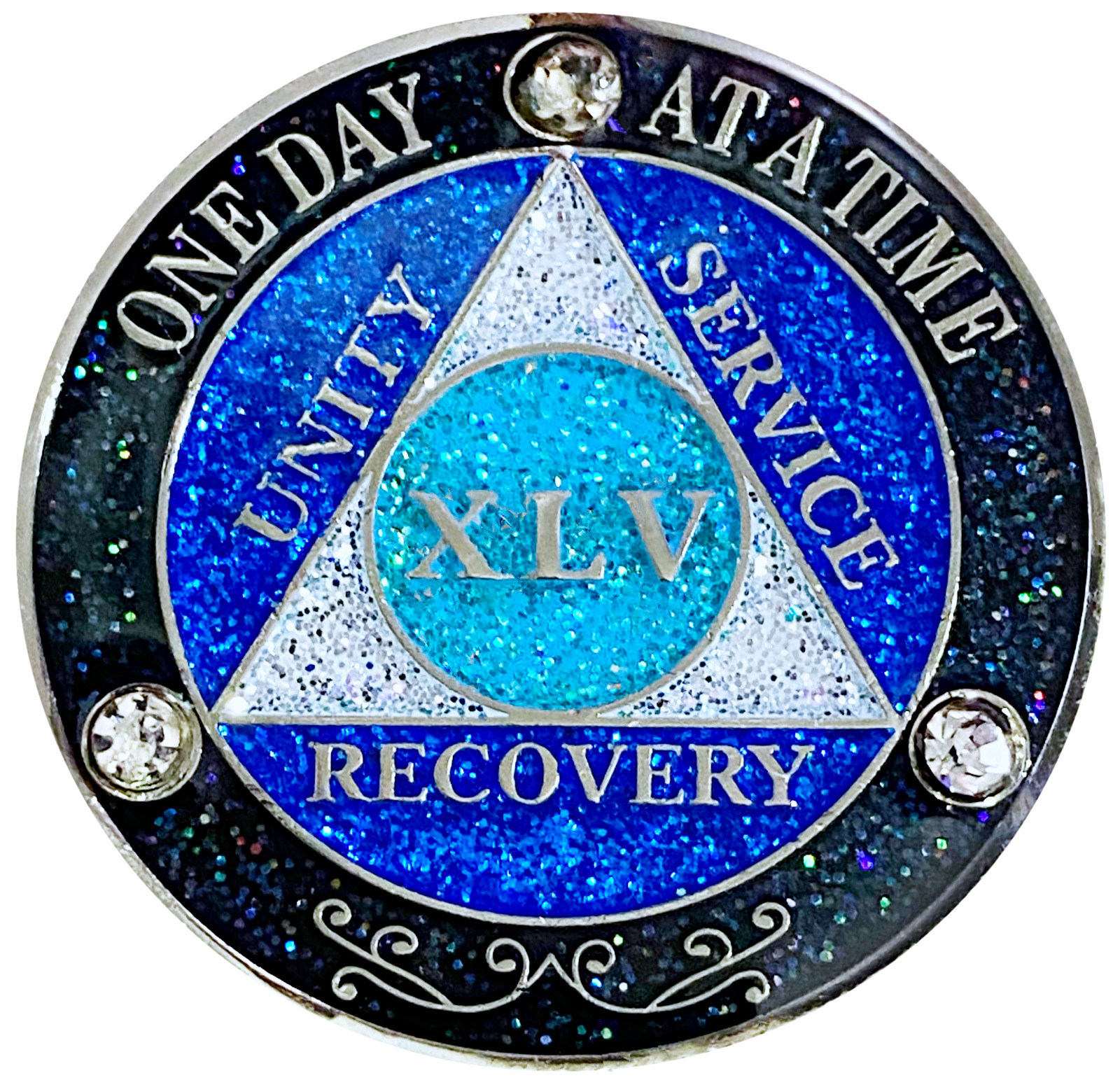 AA 45 Year Crystals & Glitter Medallion, Silver, Blue Color & 3 Crystals