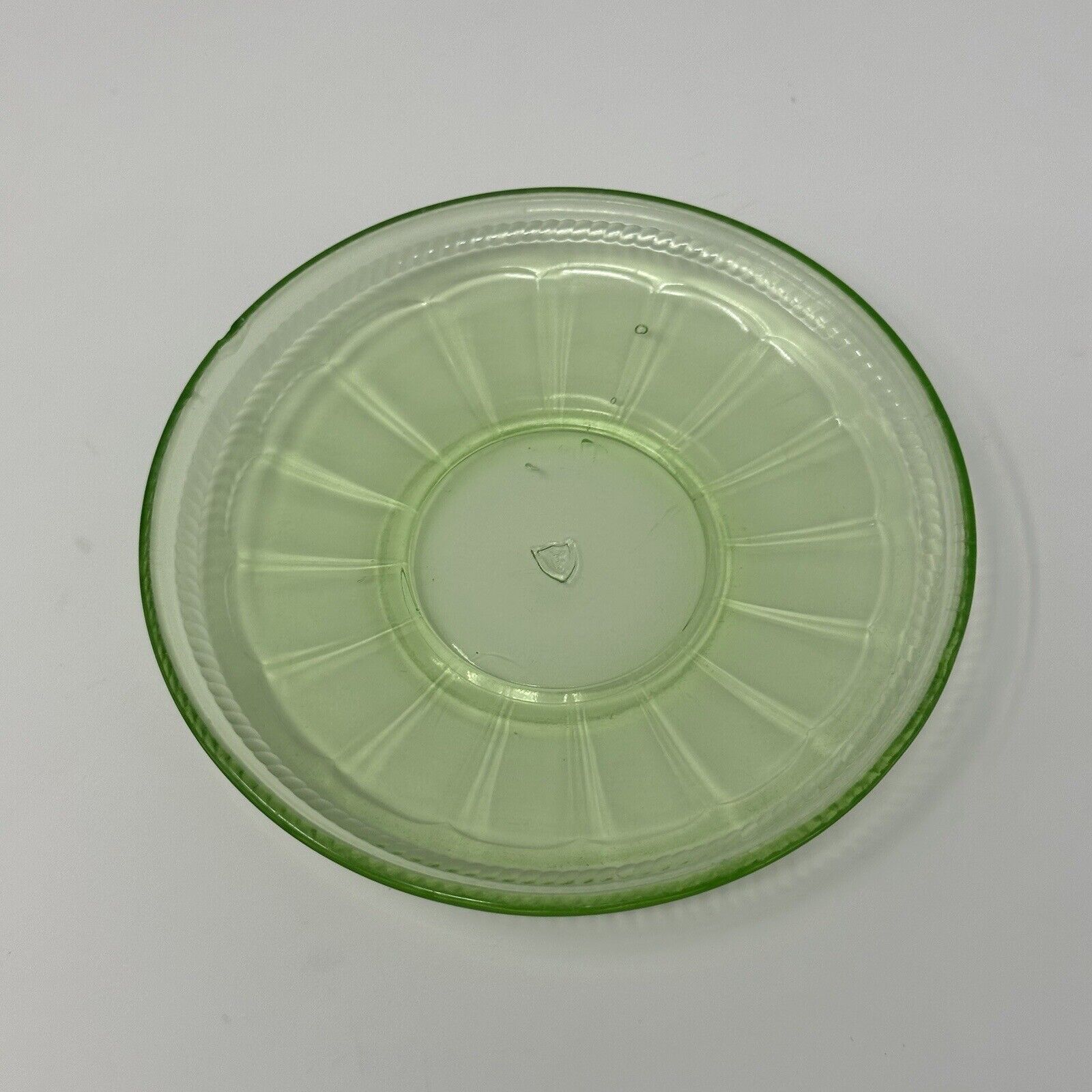 Vintage Federal Depression Glass Green Cube Saucer Uranium Glass 5.5”