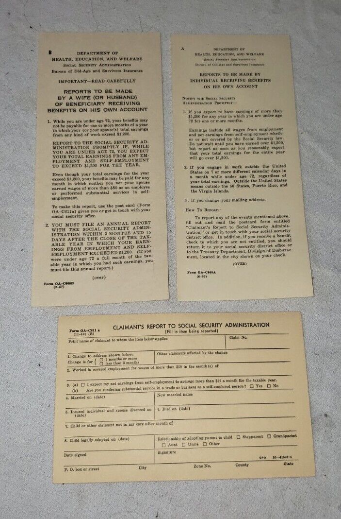 Lot of 3 VINTAGE 1940s Social Security Forms/Applications OA-C406, C411 Claimant