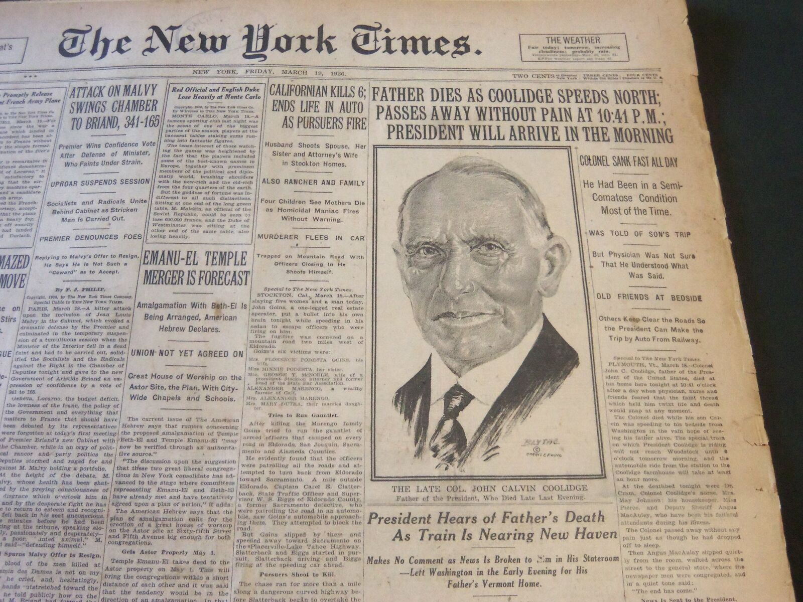1926 MARCH 19 NEW YORK TIMES - FATHER OF COOLIDGE DIES - NT 6300