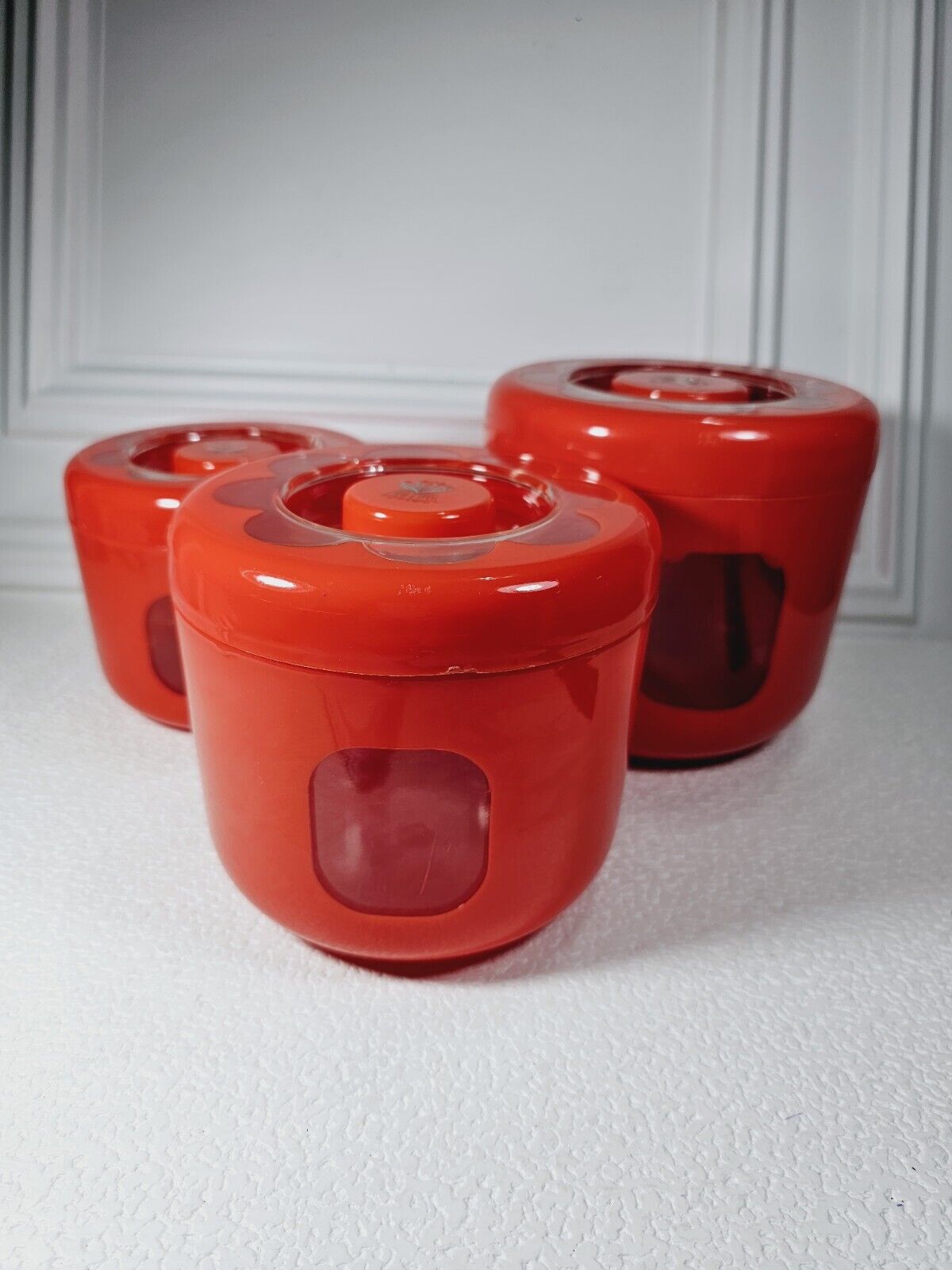 Vintage 1970s Red Flower Canister Set, Peek-a-Boo Window, Japan Made