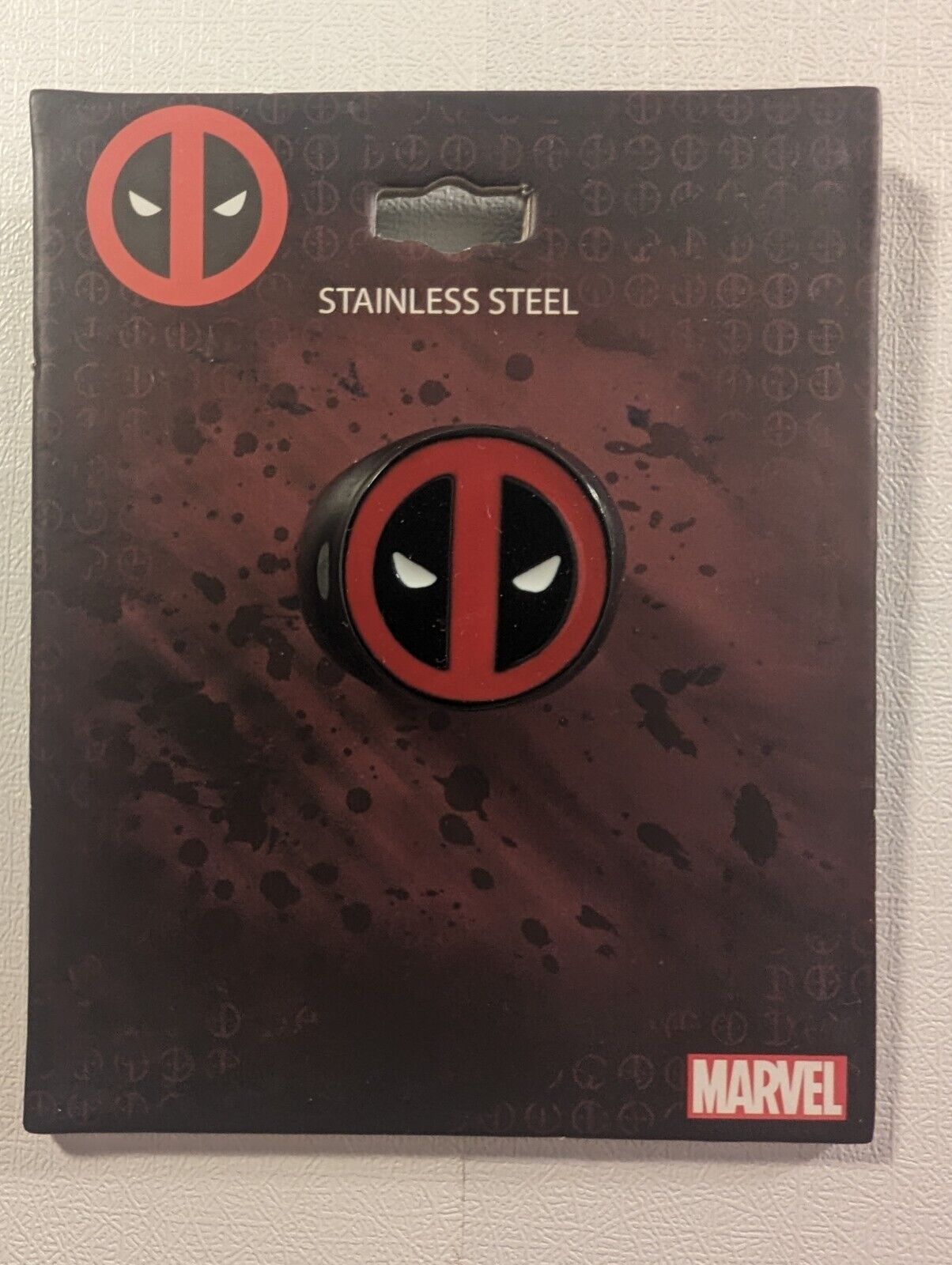 Marvel Comics Black & Red Deadpool Logo Stainless Steel Ring New Card sz 10