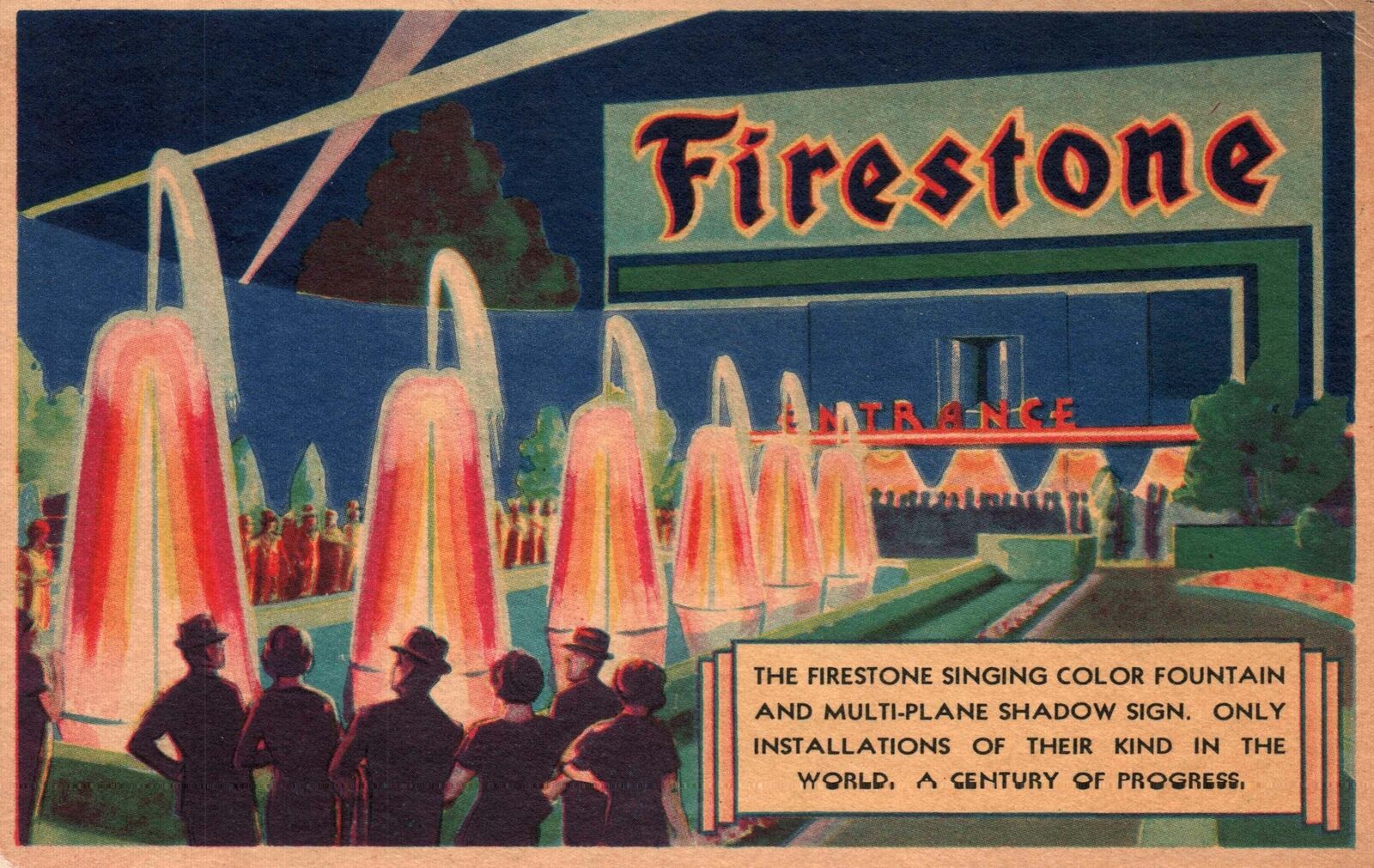 VINTAGE POSTCARD ADVERTISING FIRESTONE TIRE & RUBBER CO. SINGING FOUNTAIN 1933