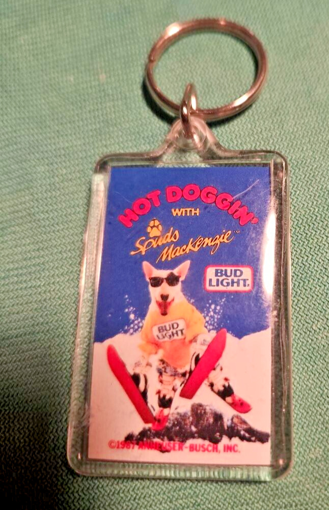 Vintage Keychain BUD LIGHT  Hot Doggin with Spuds MacKenzie 1987 Beer Ad