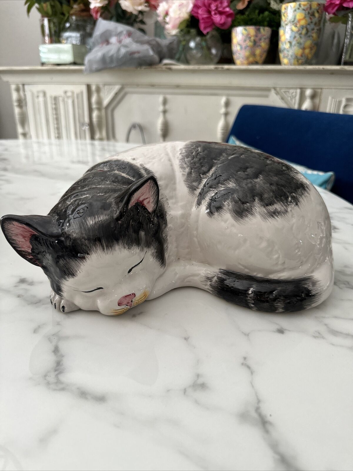 VTG Life-Size Sleeping Cat Statue Figurine ITALY Kitten DECOR Rare BLACK/WHITE