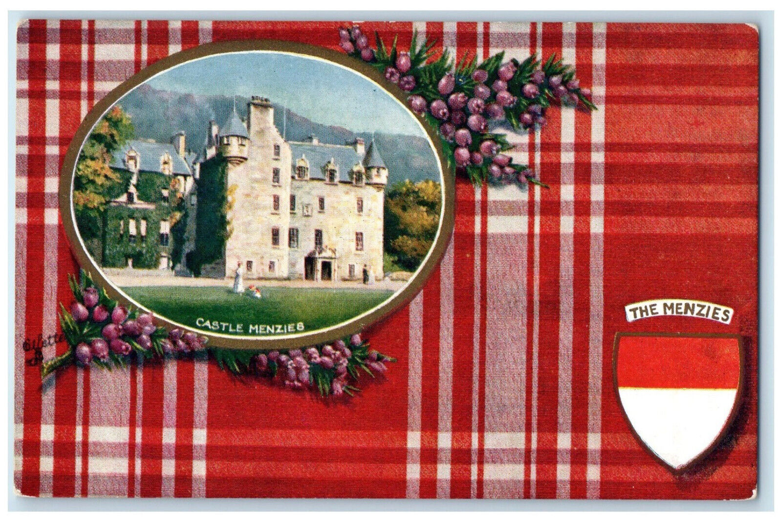 c1910 Castle Menzies Aberfeldy Scotland Oilette Tuck Art Red Plaid Postcard