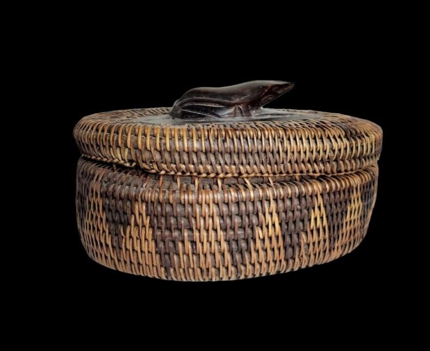Antique Lombok Island Indonesia Rattan Woven Basket Carved Wood Frog Decorative 