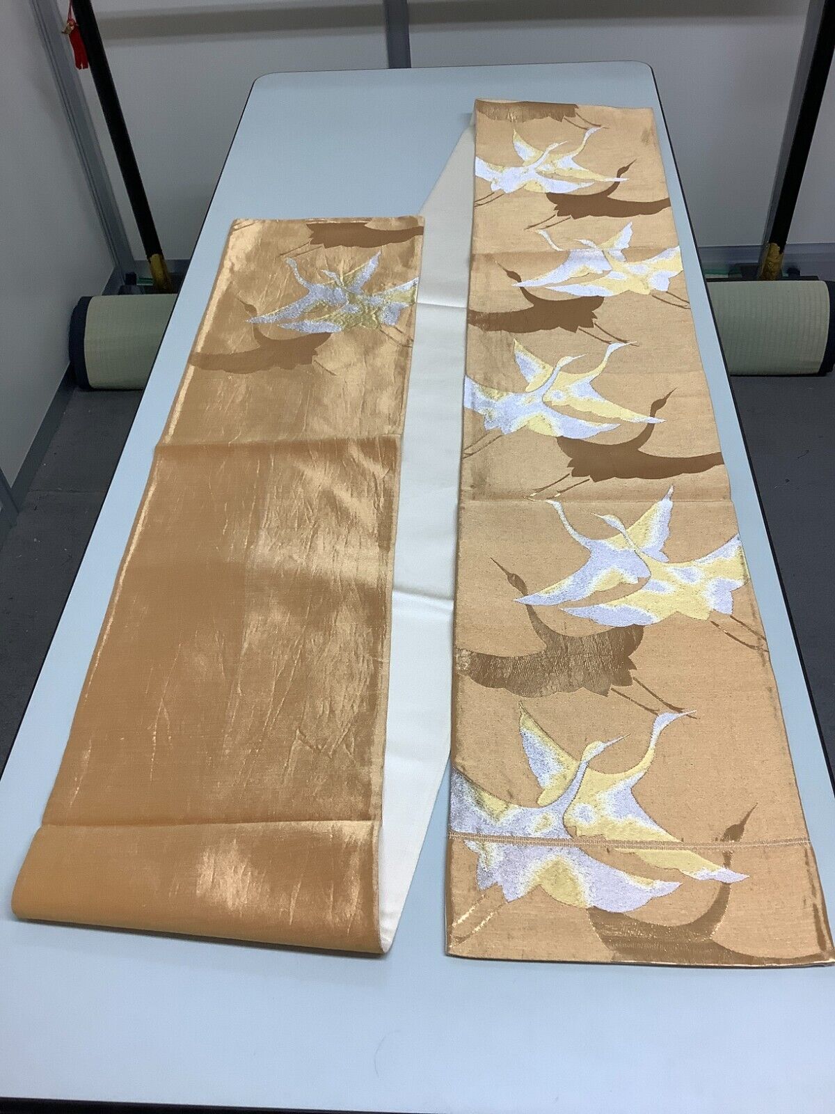 Japanese Vintage Kimono Fukuro Obi pure silk gold crane expensive 162.2x11.8inch
