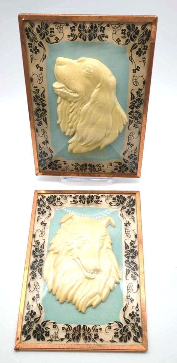 2 Vintage Silhouette 3-D Plaster Dogs Under Reverse Painted Convex Domed Glass