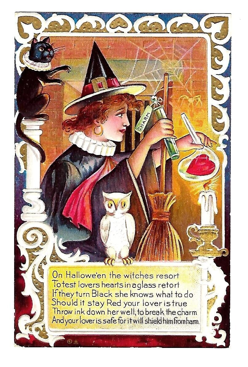 c1908 Halloween Postcard Witch Casting Love Potion, Black Cat