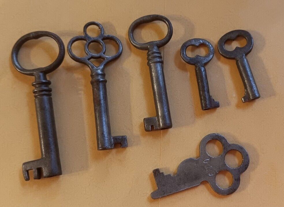 5 Unique Antique Vintage Open Barrel Skeleton Keys + an Odd ONE