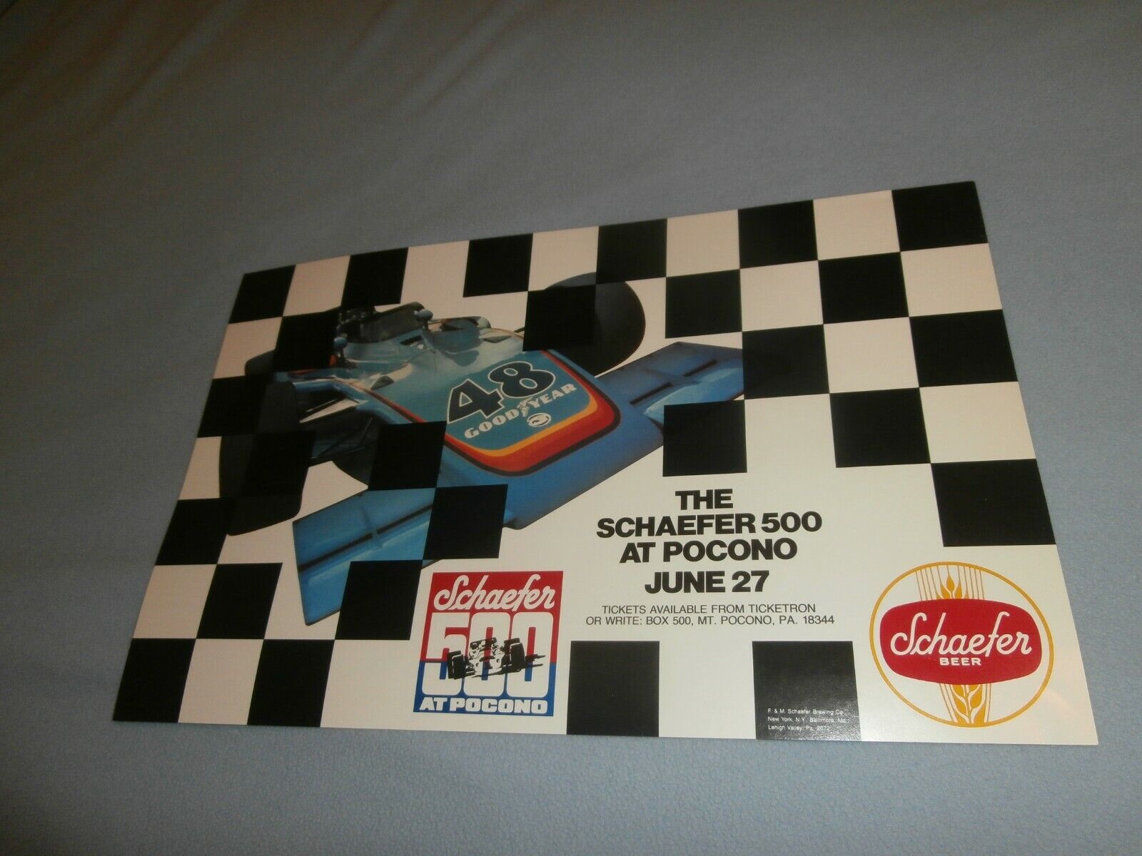 Vintage Schaefer Beer 500 Pocono PA Indy Car Race Poster #48 Goodyear Car