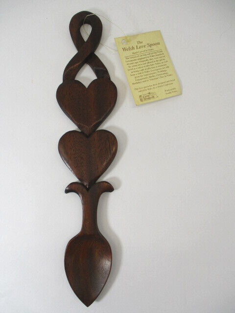 Vtg Welsh LOVE SPOON Hand Carved WOOD South Wales Two HEARTS Eternal Love NWT