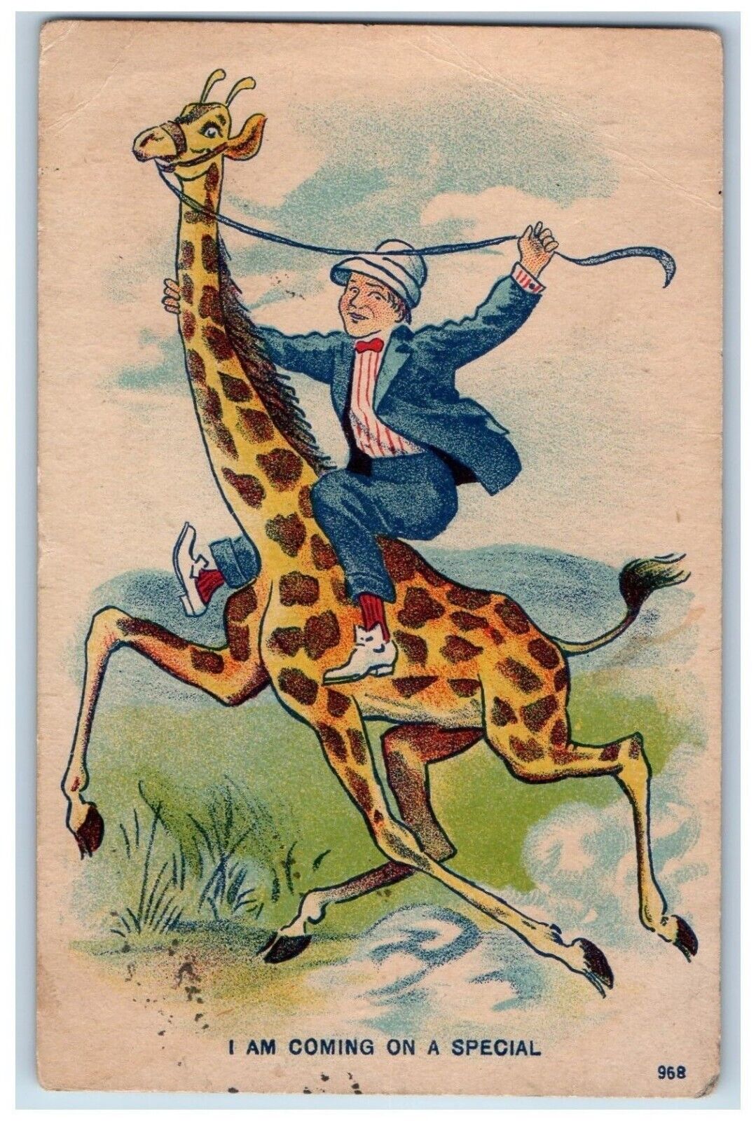 Gentry Arkansas AR Postcard I Am Coming On A Special Man Riding Giraffe 1908