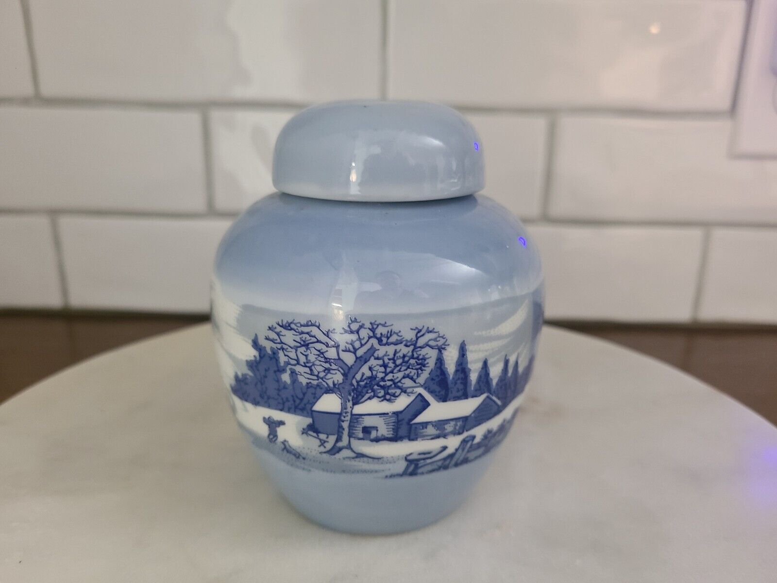 Chinese Ginger Pot With Lid 5” With A Winter Scene Blue And White In Color
