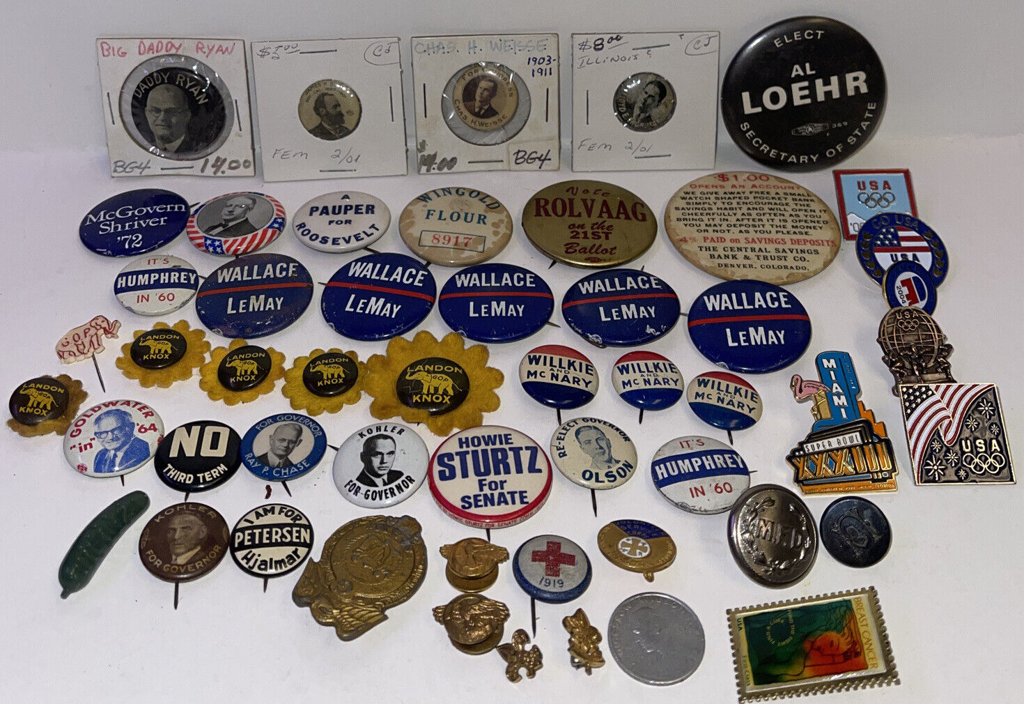 Huge Lot Of 53 Political Pin Backs. Governor, President,Campaign,Military+Button