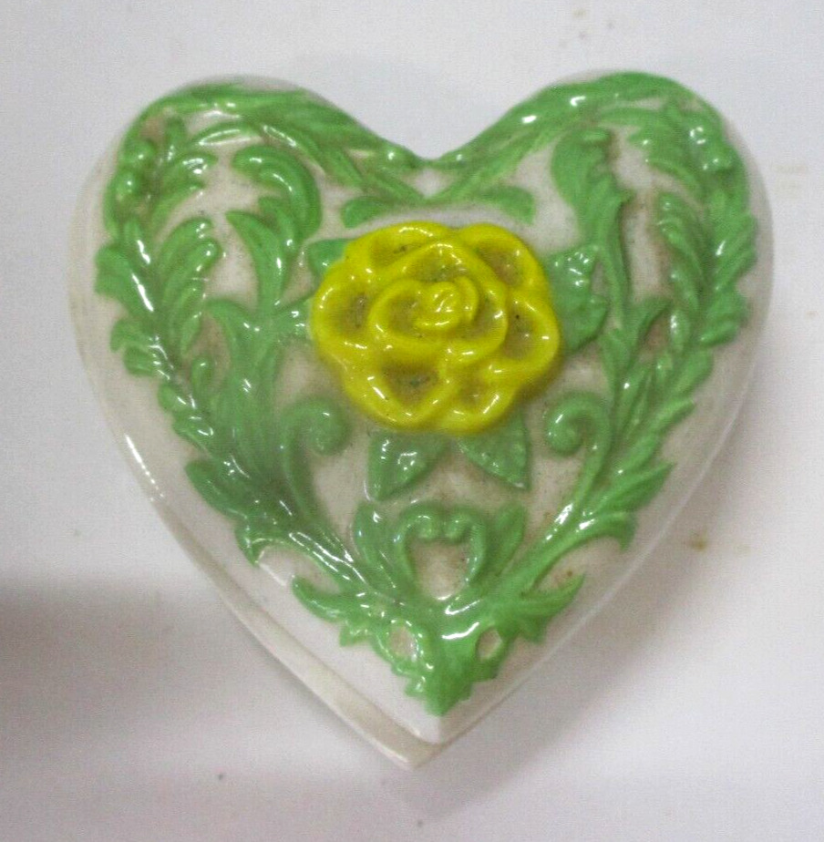 Small Ceramic Heart Trinket Box Green Leaves Yellow Flower