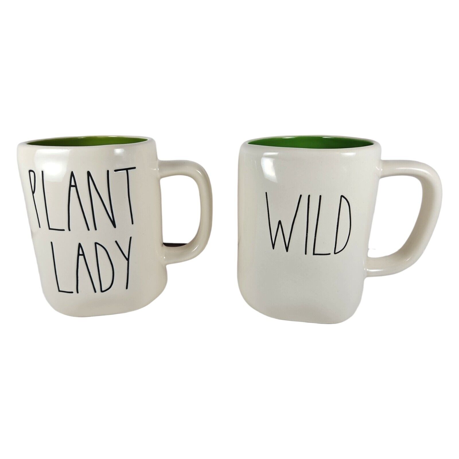 2 Rae Dunn Coffee Mugs 'Plant Lady’ & 'Wild' White/Green Ceramic by Magenta